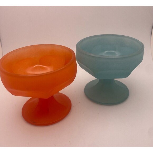 VTG Federal Glass Frosted Orange Glass Blue Dessert Pedestal Dishes MCM Set of 2 - Picture 1 of 8
